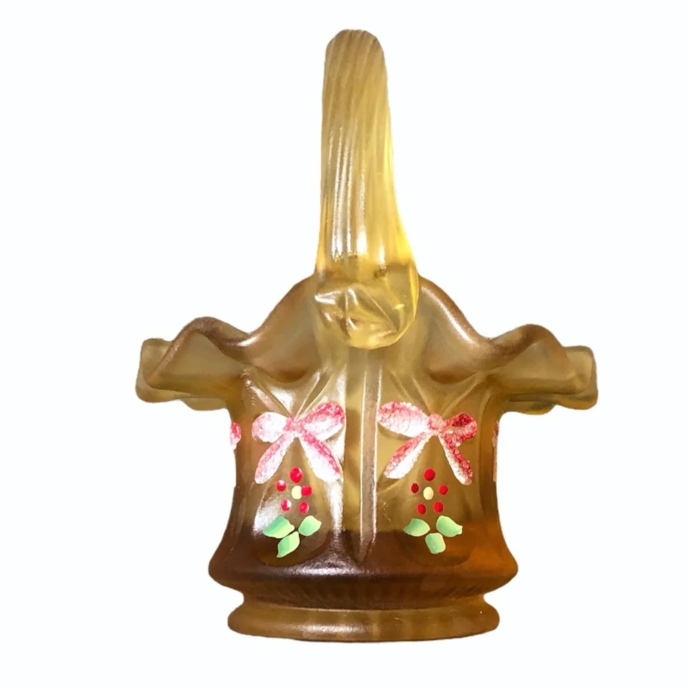 FENTON AMBER GLASS CHRISTMAS BOWS & HOLLY MINI BASKET 2